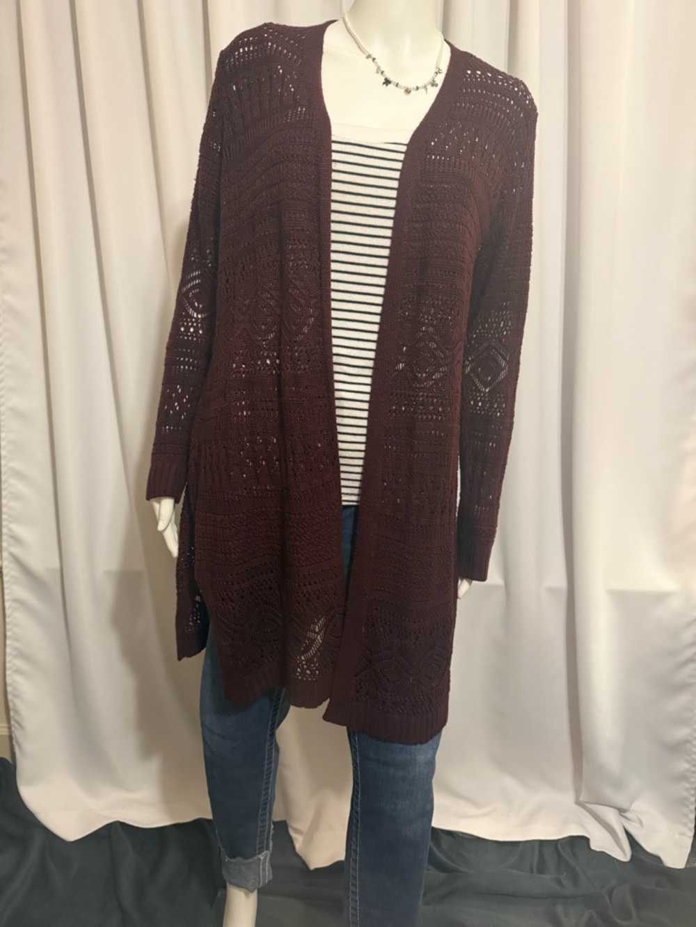 Love Ellie Open Knit XL Long Cardigan Crochet Burgundy Summer Boho Festival